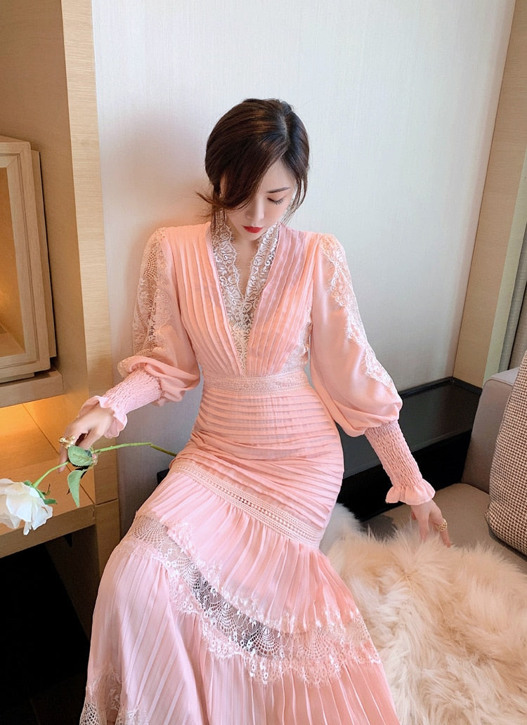 Sixsr High Quality Self Portrait Dress  Women Sexy V-neck Lantern Sleeve Long Sleeved Cake Long Dresses Chic Lace Summer Dress