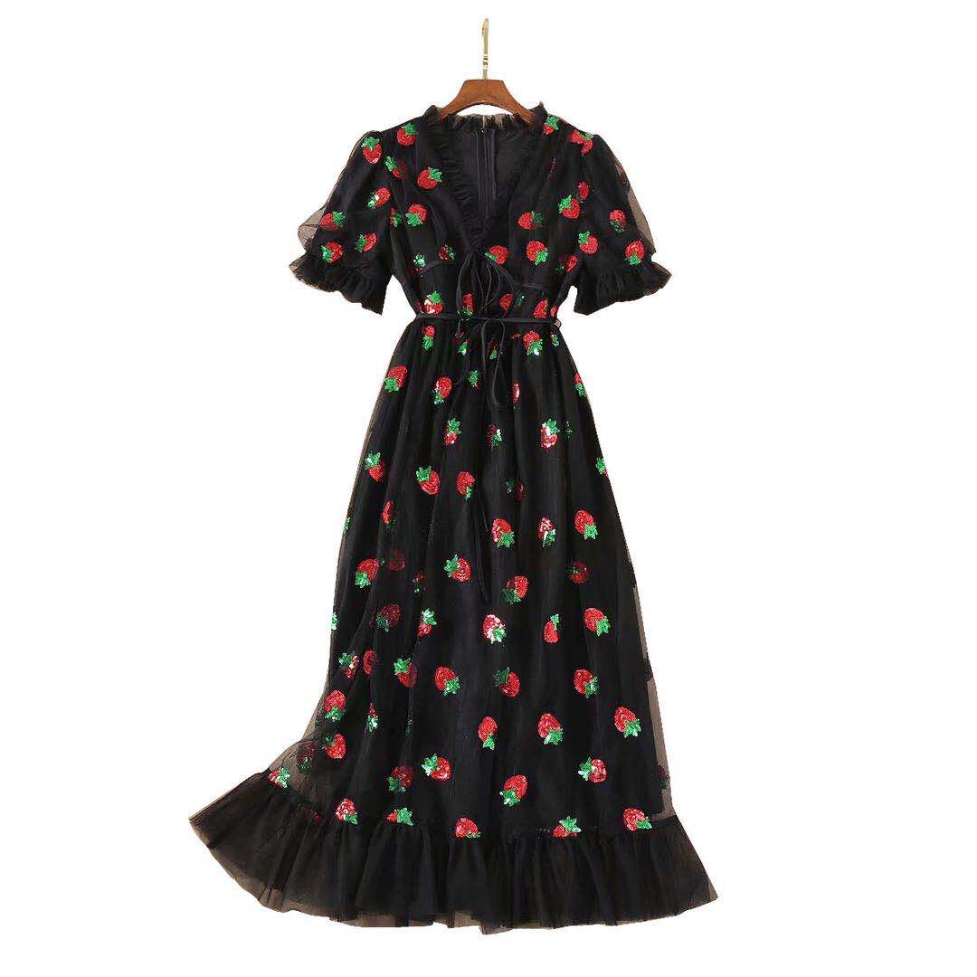 Strawberry Dress Women Fashion Deep V Puff Sleeve Sweet Voile Mesh Sequins Embroidery French Party Dresses 4XL 5XL