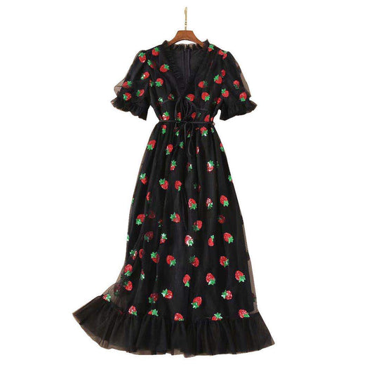 Strawberry Dress Women Fashion Deep V Puff Sleeve Sweet Voile Mesh Sequins Embroidery French Party Dresses 4XL 5XL
