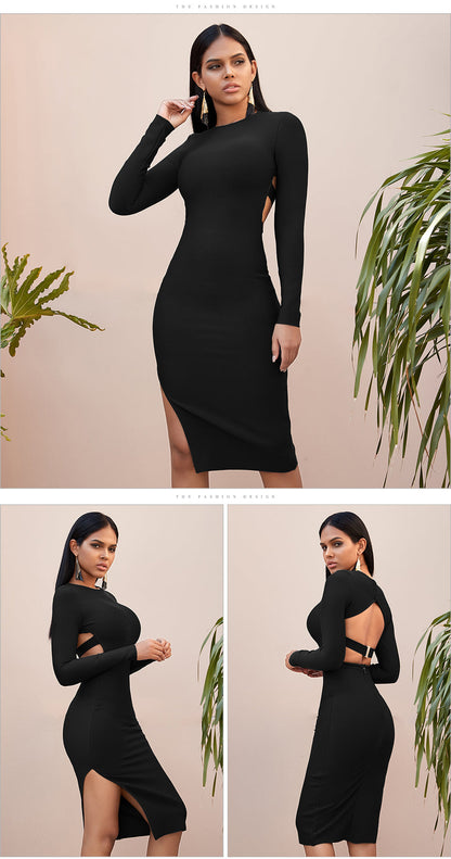 Sixsr New Winter Long Sleeve Green Runway Bandage Dress Women Sexy Hollow Out Backless Club Celebrity Evening Party Dresses