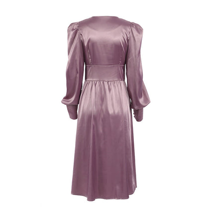 Sixsr Elegant spring satin bishop sleeve a-line dress women V-neck high waist button dress solid Vintage long dresses chic