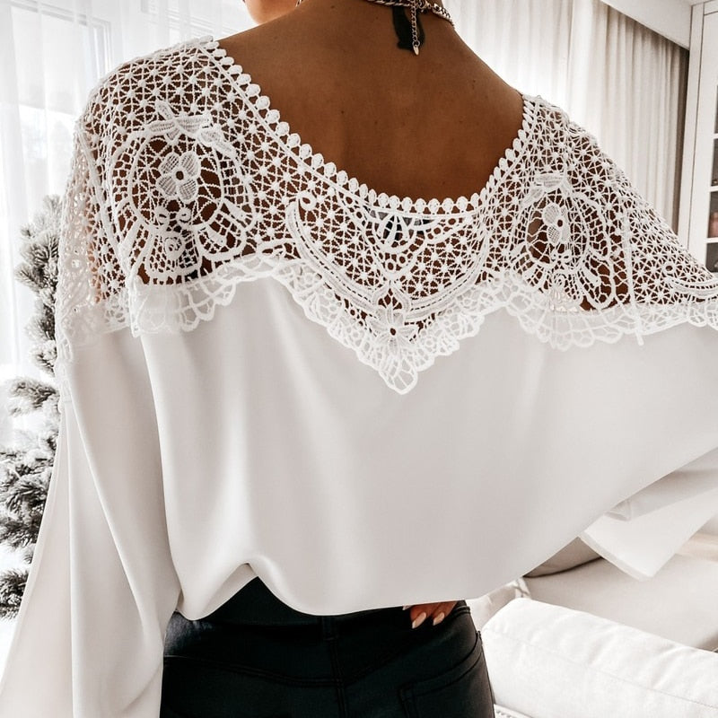 New Crochet Embroidery Lace Blouses Women Autumn Sexy Lace Stitching White Shirts Vintage Elegant Ladies Tops Blusas 12459