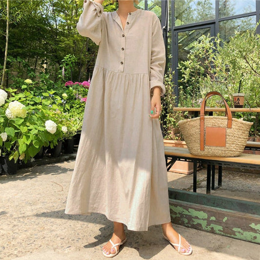 Autumn Women Casual Solid Long Shirt Dress Pockets Long Maxi Vestidos Office Lady Work Cotton Dress Party Robe Femme