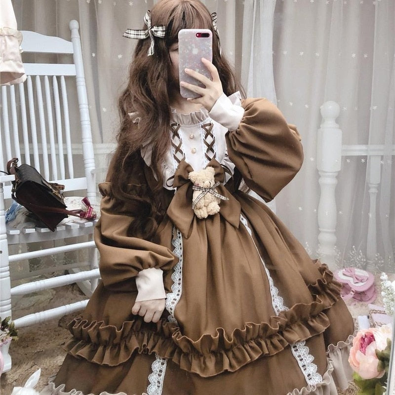 Sixsr Japanese Gothic Lolita Dress Women Kawaii Bow Bear Lace Blue Dress Long Sleeve Princess Dress Halloween Costume Gift For Girls