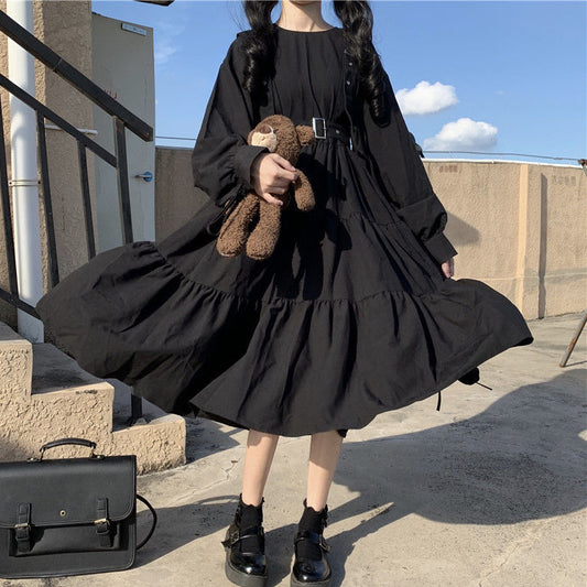 Sixsr Gothic Style Dress Women Harajuku Gothic Lolita Kawaii Dress Punk Cute Long Sleeve Black Midi Dress Emo Mall Goth