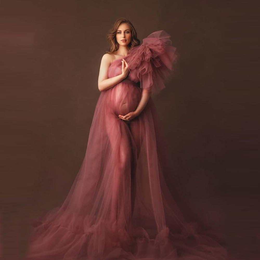 sixsr Elegant One Shoulder Tulle Maternity Dresses See Through Sexy Women Plus Size Tulle Maternity Dressing Gowns For Photography