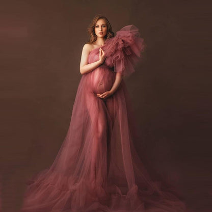 sixsr Elegant One Shoulder Tulle Maternity Dresses See Through Sexy Women Plus Size Tulle Maternity Dressing Gowns For Photography