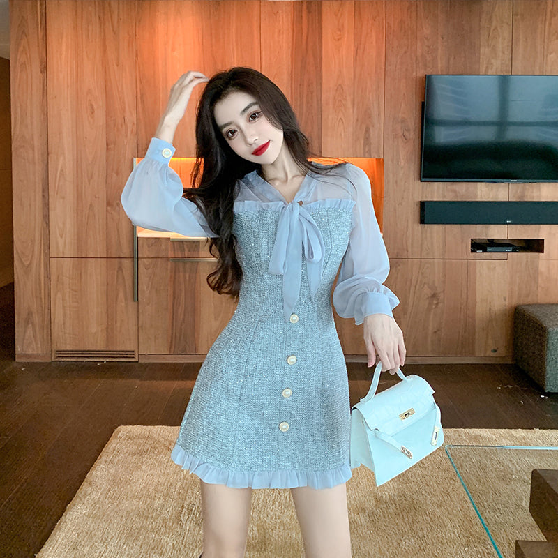 Sixsr New Spring Vintage Sexy See-through Chiffon Patchwork Tweed Mini Dress Women Ribbon Bow Single-breasted Long Sleeve Party Dress