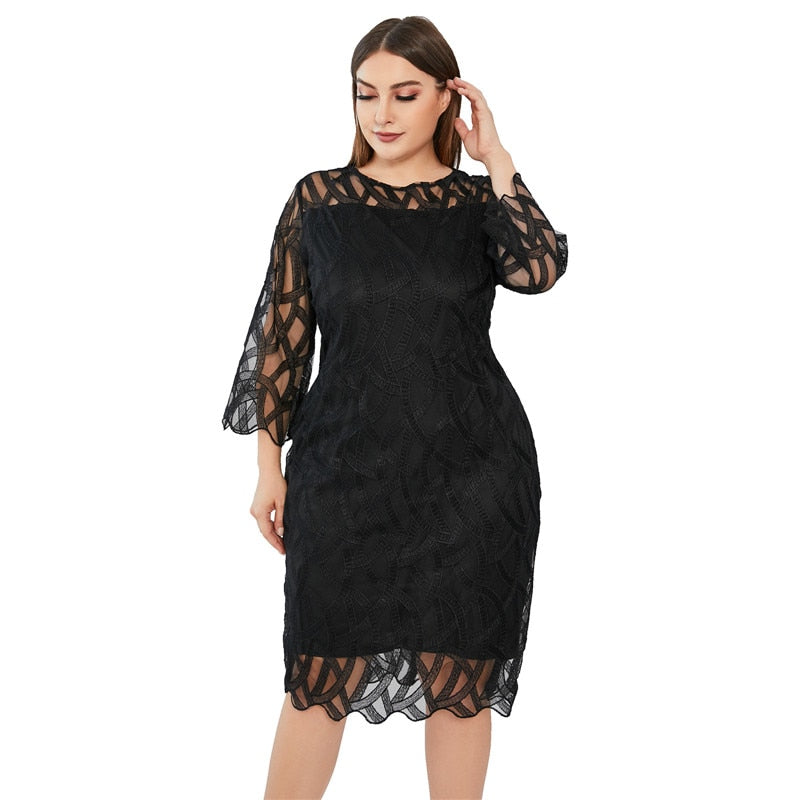 sixsr Summer Women Lace Slim Patchwork Party Dress Office Ladies Round Neck Flare Sleeve Stretch Bodycon  Plus Size Dresses