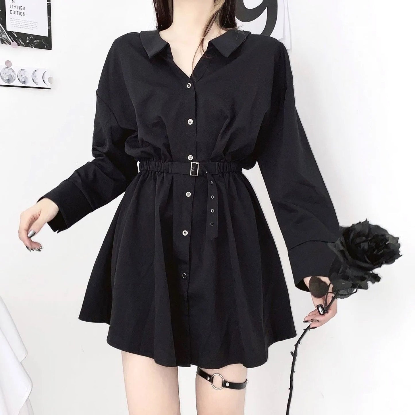 Women dress demon girl original black spring and autumn sexy high waist femme dress shoulder long sleeve gothic dress A085