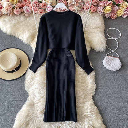 Sixsr New Fashion Autumn Winter Women's Thicken Warm Knitted Pullover Sweater Two-Piece Suits +High Waist dress Set