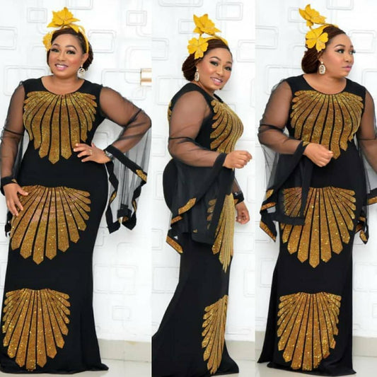 Sixsr African mom dress fashion gauze horn sleeve hot diamond hip-covered fish tail large size stretch dress