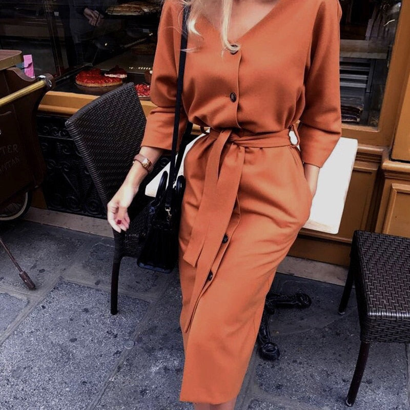 Sexy v Neck Autumn Long Sleeve Women Dress Ladies Sashes Button Casual Office Dress New Fashion Women Midi Dress Vintage