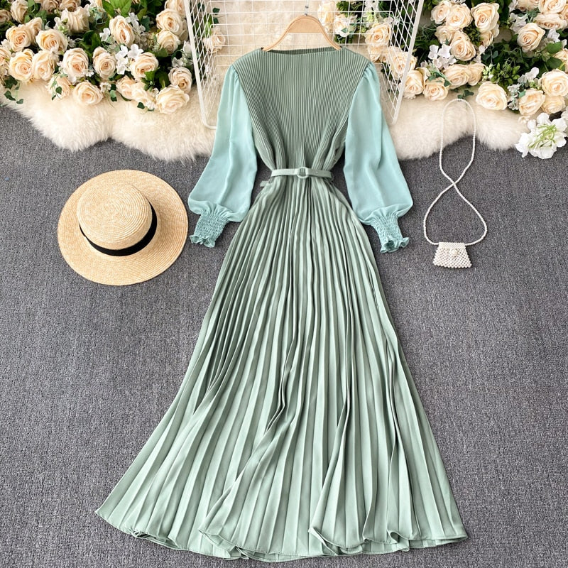 Sixsr Autumn Fashion Streetwear Long Dress Design French Pleated Maxi Dress Women Elegant O Neck Long Sleeve A-line Dress