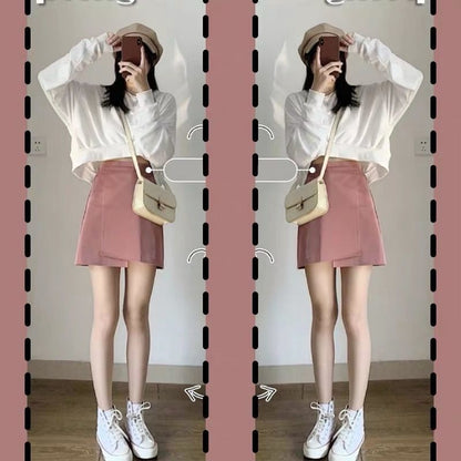 Sixsr Oversize Sets Women Lovley Fashion Chic Spring Fall Korean Girls 2 Piece Outfits Simple Basic Crop Top Popular Sexy Mini Skirts