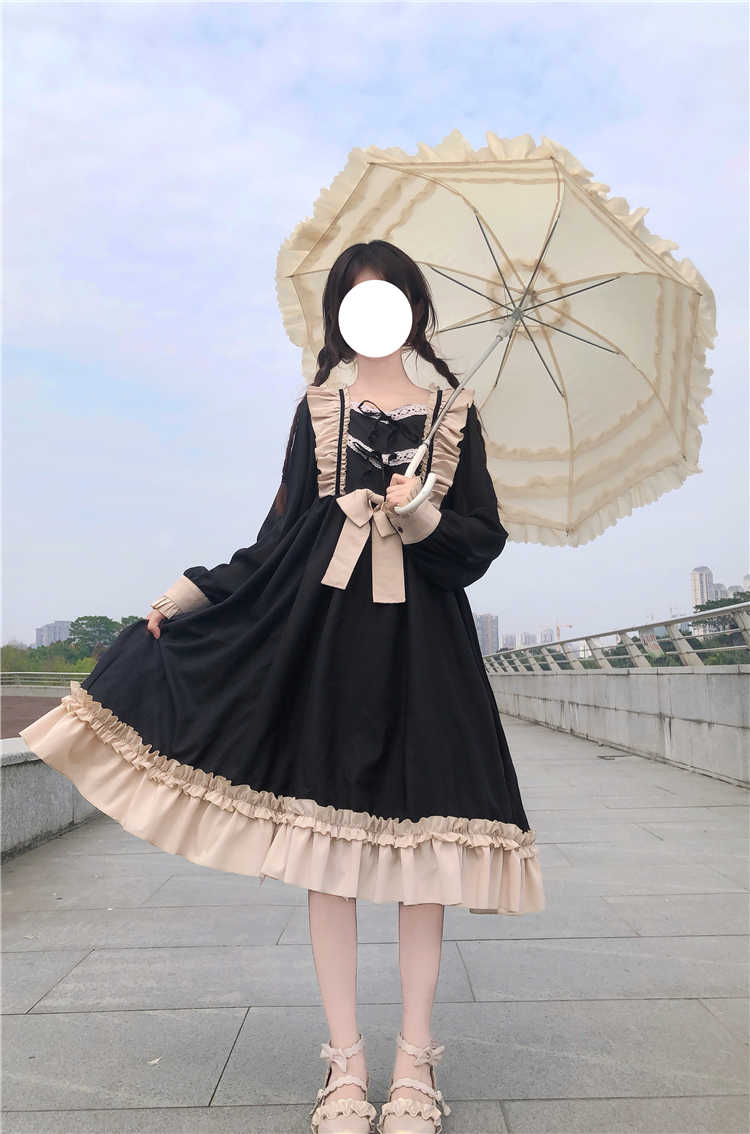 Sixsr Japanese Harajuku Gothic Bandage Bow Splice Dress Sweet Lolita Girl Cosplay Dress Kawaii Ruffles Bow Women Party Dress