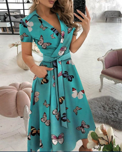 Sixsr Spring and Summer Fashion New Party Dress Short-sleeved V-neck Retro Dress with Printed Belt