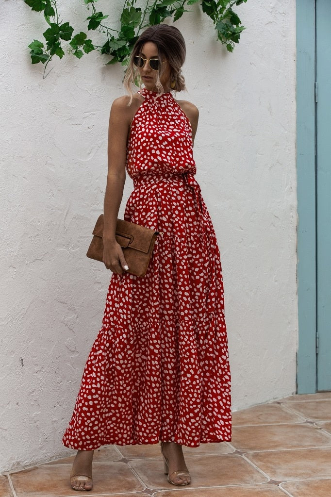 Sixsr Summer Elegant  beach Women Dress long Print Flowers Polka-dot strap Ladies Halter boho Dress Vintage party ladies Dress