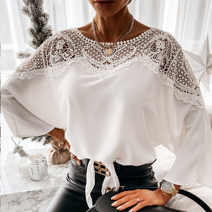 New Crochet Embroidery Lace Blouses Women Autumn Sexy Lace Stitching White Shirts Vintage Elegant Ladies Tops Blusas 12459