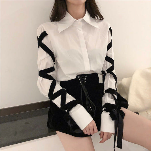 Sixsr Womens Fashion Casual Office Lady Female Blous Long Sleeve Shirt Women Stitching Black Ribbons  Spring Top Blouse 16W057