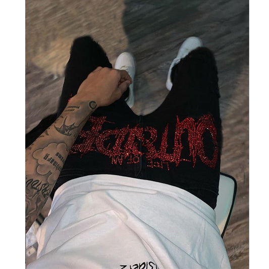 Sixsr New Men Trend Black Ripped Jeans Fashion Street Hole Trousers Cozy Skinny Design Hot Rhinestone Stretch Soft Washed Denim Pants