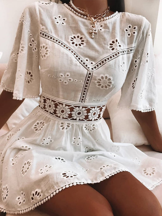 Aproms Elegant White Floral Embroidery Cotton Dress Women Casual High Fashion Backless Short Mni Dresses High Waist Autumn Dress