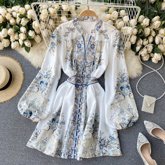 Sixsr Croysier Spring Autumn Dress Women Runway Fashion Vintage Print Dresses Buttons V Neck Long Lantern Sleeve Elegant Dress