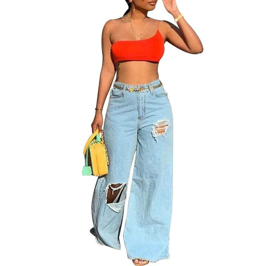 Front Ripped Frayed Hem Wide Leg Denim Trousers