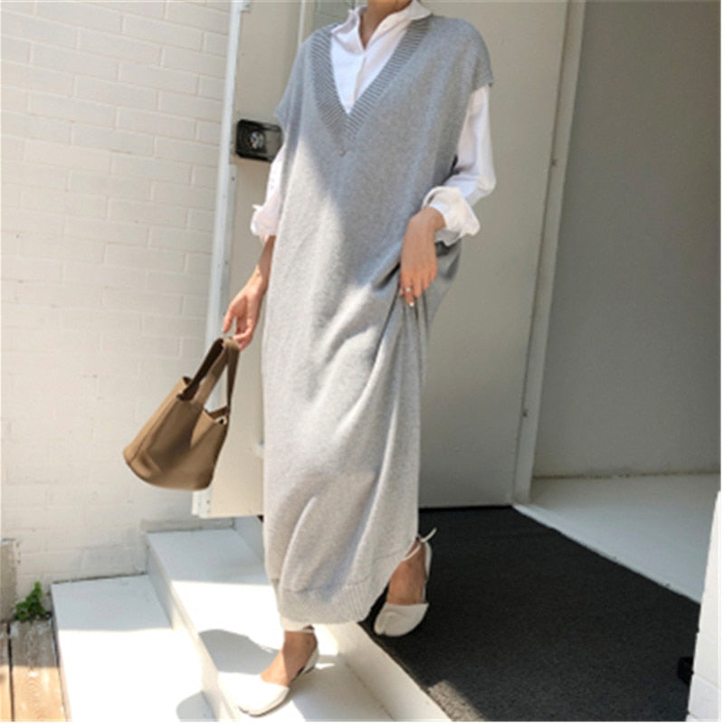 Sixsr Faux Rabbit Fur Long Sweater Dress Women Loose Knitted Base V Neck Sleeveless Female Vest Spring Autumn New Clothes Outerwear