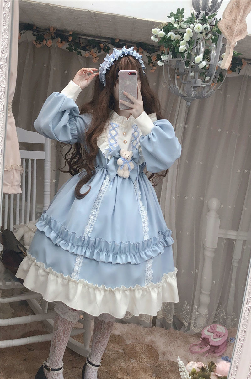 Sixsr Japanese Gothic Lolita Dress Women Kawaii Bow Bear Lace Blue Dress Long Sleeve Princess Dress Halloween Costume Gift For Girls