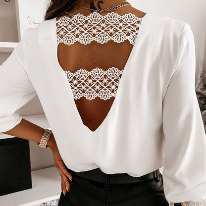 Chic Back V-shaped Hollow Lace Stitching Pullover White Blouse Fashion Sexy V-neck Autumn and Winter Long-sleeved Shirt  12460