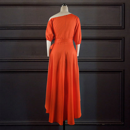 Sixsr Women Dress Bare Shoulder Waist Belt Long A Line Pleated Orange Casual Fashion Female Ladies Elegant New Autumn Summer Robes