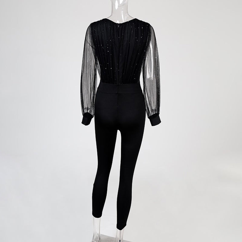 Sixsr Rompers Womens Jumpsuit Black Elegant Sequins Mesh Glitter Party Night Sexy Spring Long Pants One Piece Clothes Overalls