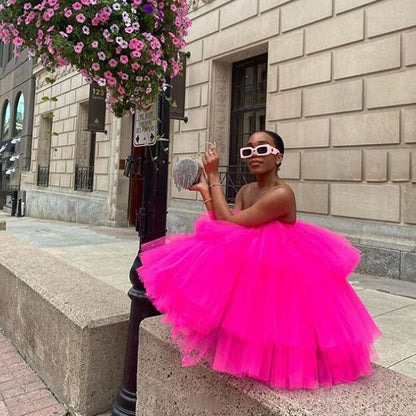 sixsr Chic Fuchsia Ruffles Short Tulle Dresses Women Puffy A-line Mini Tutu Dress Summer Off The Shoulder Robe Vestidos