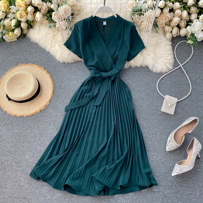 SINGRAIN High Quality Solid Pleated Dress Women V neck Short Sleeves Sashes Long Dresses Summer Streetwear Vintage Vestidos