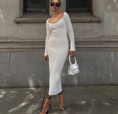 Sixsr Bodycon Knitted Women Sweater Dress Long Sleeve Sexy Off Shoulder Split Elegant Party Dresses Fashion Autumn Winter
