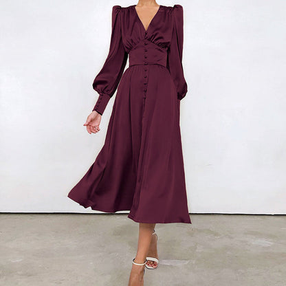 Sixsr Elegant spring satin bishop sleeve a-line dress women V-neck high waist button dress solid Vintage long dresses chic