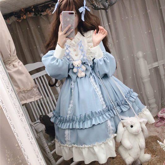 Sixsr Japanese Gothic Lolita Dress Women Kawaii Bow Bear Lace Blue Dress Long Sleeve Princess Dress Halloween Costume Gift For Girls