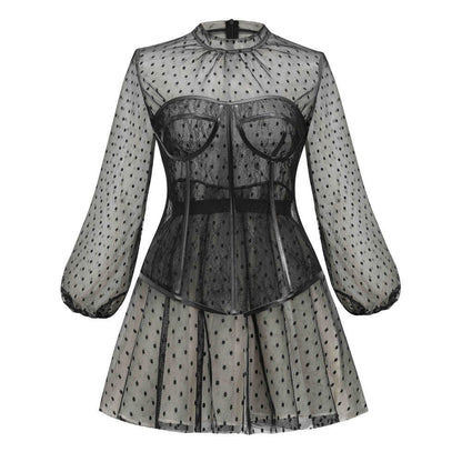 Sixsr New Design 2pcs Summer Dress for Women Black Sexy Corset Dress Vintage Slim Mesh Outfit Clubwear Dress Shirt for Girl's Party