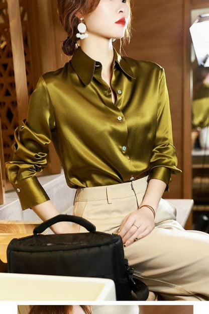 Sixsr Brand Quality Luxury Women Shirt Elegant Office Button Up Long Sleeve Shirts Momi Silk Crepe Satin Blouses for Women Fashion  Business Ladies Top