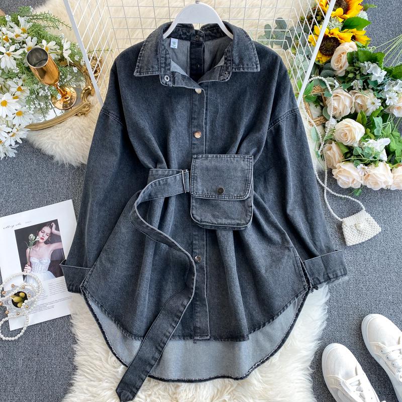 FMFSSOM Spring Summer Women's Solid Denim Dress Female Pocket With Belt Slim Dress Ladies Single Breasted Vintage Dresses