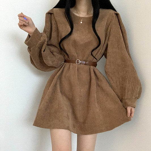 sixsr Vintage Corduroy Belt Dress Women Solid O-Neck Lantern Sleeve Mini Dresses Ladies Korean Fashion Spring Fall Vestido De Mujer