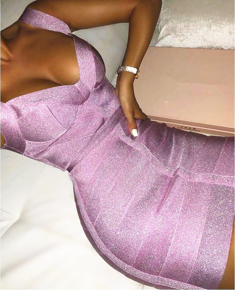 Free Shipping Ladies Sexy V Neck Backless Purple Shining Women Bandage Dress Designer Fashion Sparkly Party Dress Vestido