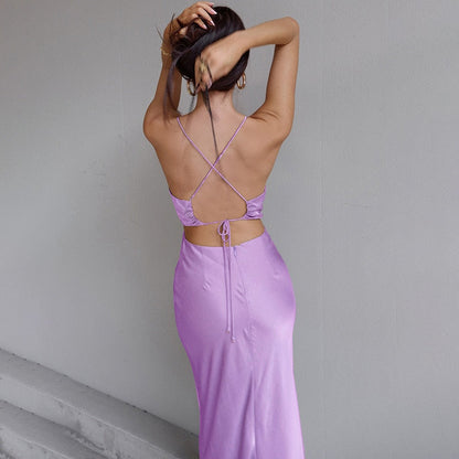 Sixsr Purple Satin Midi Dress Summer Women Sexy Backless Sleeveless Pile Collar Spaghetti Strap Bandage Dress Woman Party Long Dresses