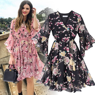 Sixsr Chiffon High Elastic Waist Party Dress Bow A-line Women Butterfly Sleeve Flower Print Floral Boho Dress Female Vestido Plus Size