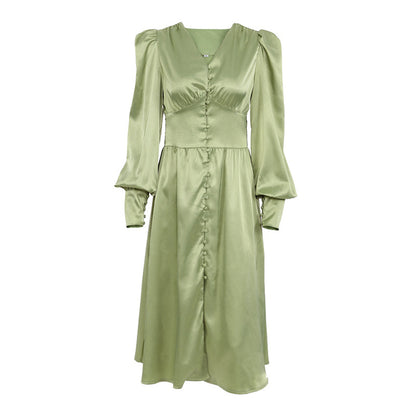 Sixsr Elegant spring satin bishop sleeve a-line dress women V-neck high waist button dress solid Vintage long dresses chic