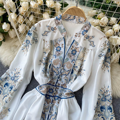 Sixsr Croysier Spring Autumn Dress Women Runway Fashion Vintage Print Dresses Buttons V Neck Long Lantern Sleeve Elegant Dress