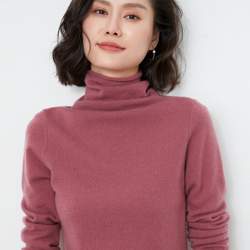 100% Pure Wool Cashmere Sweater Fall/Winter Pile Collar Pullover Korean Fashion Casual Knitted Tops Women Jacket Long Sleeve