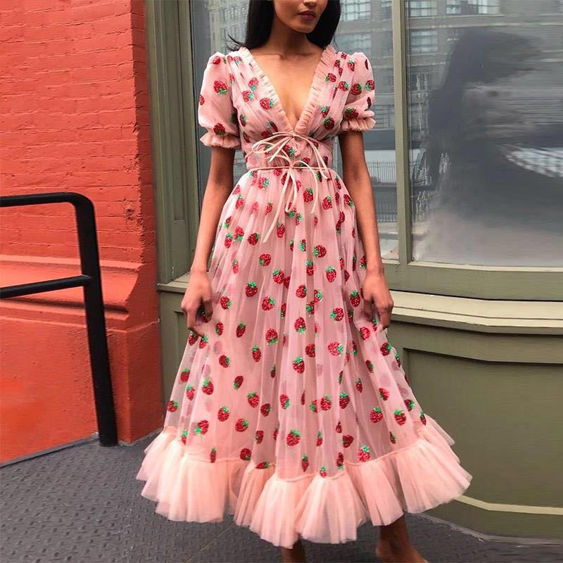 Spring S-5XL Sexy V-Neck Strawberry Pink Mesh Lace Pleated Belt Girly Style Cute  Plus Size High Waist Long Dress
