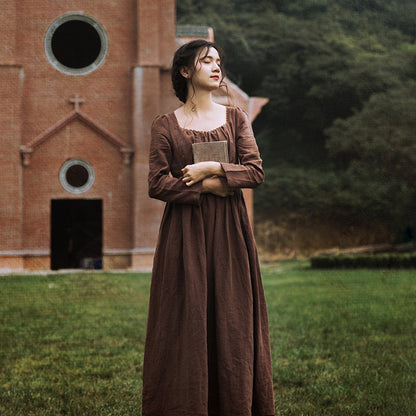 sixsr Spring Autumn Women 100%Linen Coffee Long Dress Ladies Victoria Royal Vintage Elegant Long Sleeve  High Waist Dress robe longue